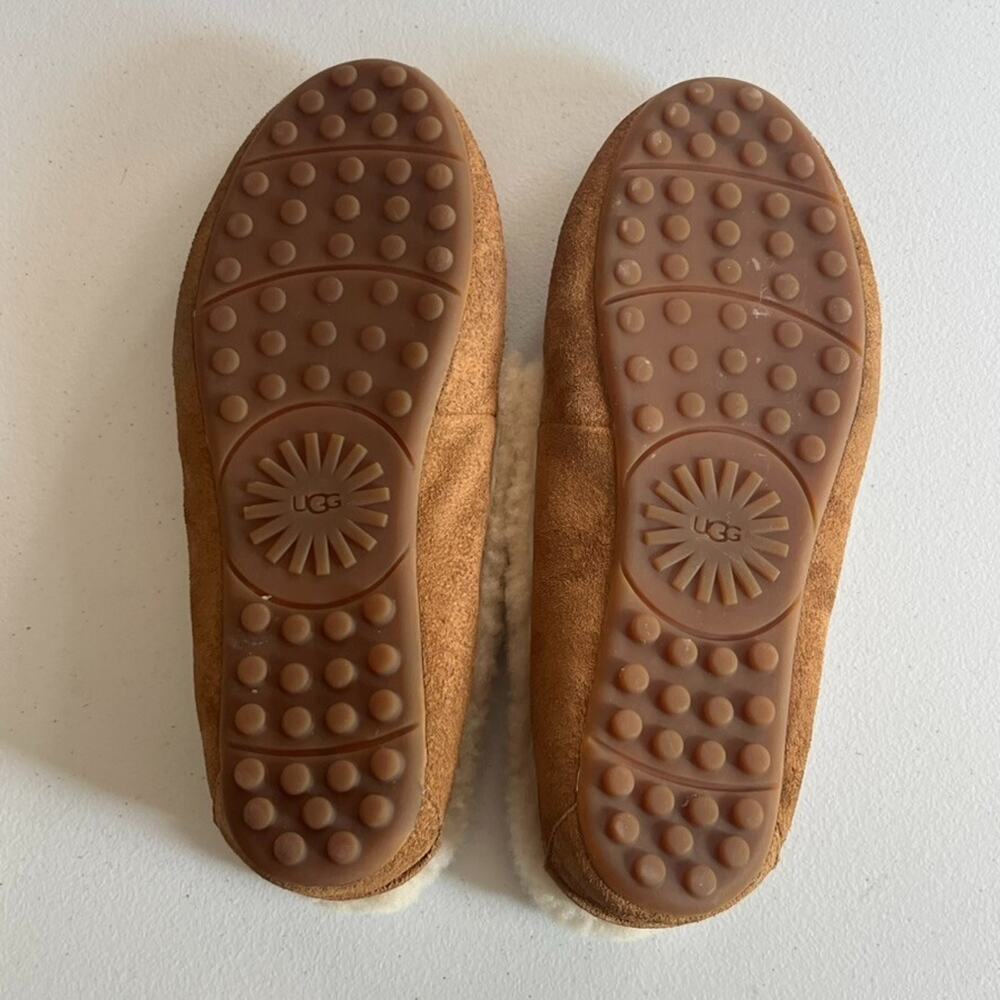 UGG Chestnut Suede Moccasin Slippers with Cream Shearling Lining - Picture 5 of 11